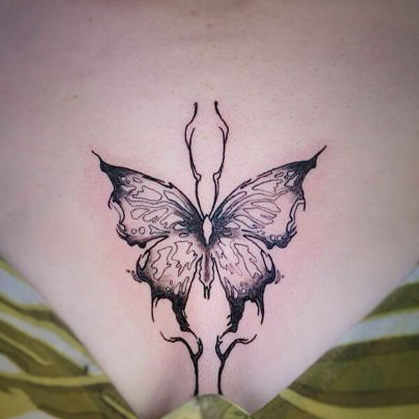 atticus tattoo, black and grey tattoo of a butterfly