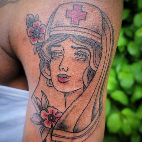 atticus tattoo, American traditional tattoo of a nurse
