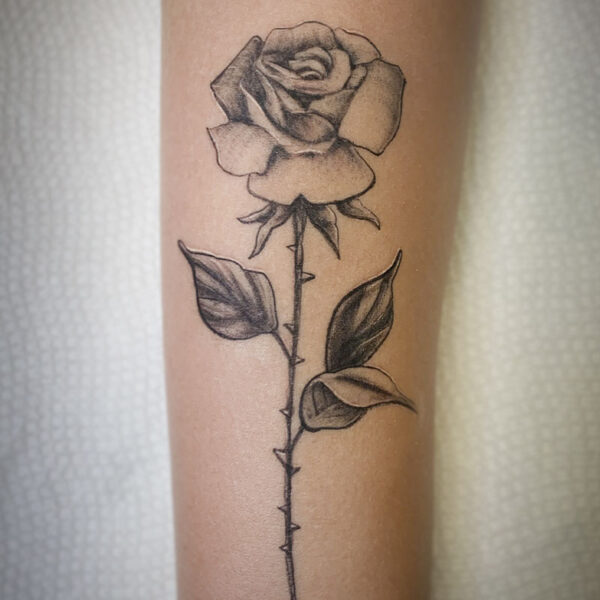 atticus tattoo, black and white tattoo of a rose