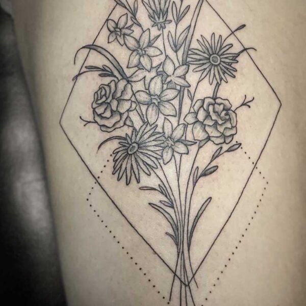 atticus tattoo, fine line tattoo of flowers framed by two diamond shapes