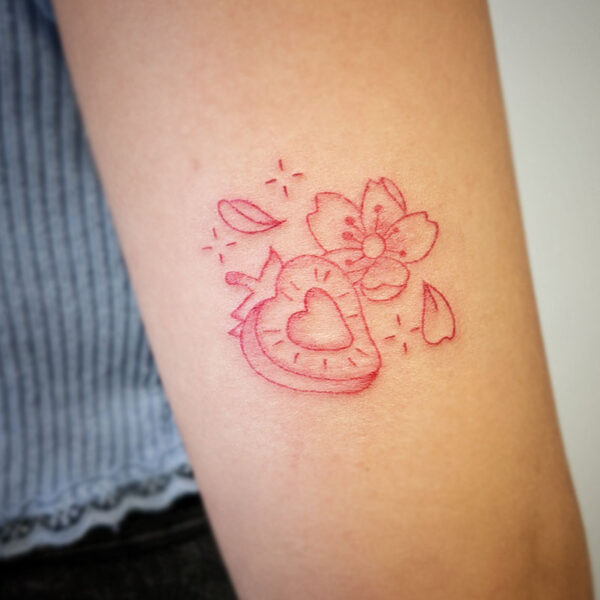 atticus tattoo, red, fine line tattoo of a strawberry and blossom