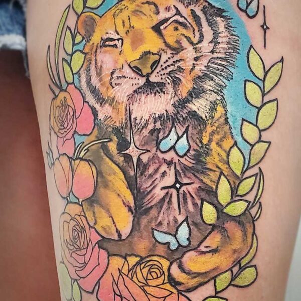 atticus tattoo, neo-traditional tattoo of a tiger with roses and butterflies