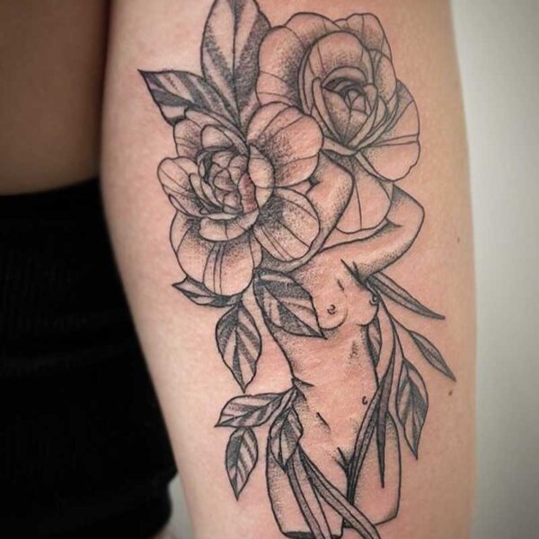 atticus tattoo, black and grey tattoo of a naked woman with roses covering her head