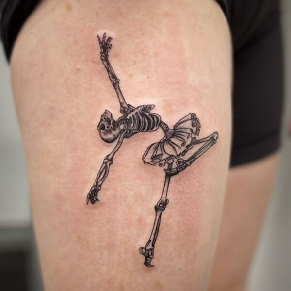 atticus tattoo, black and grey tattoo of a ballerina skeleton