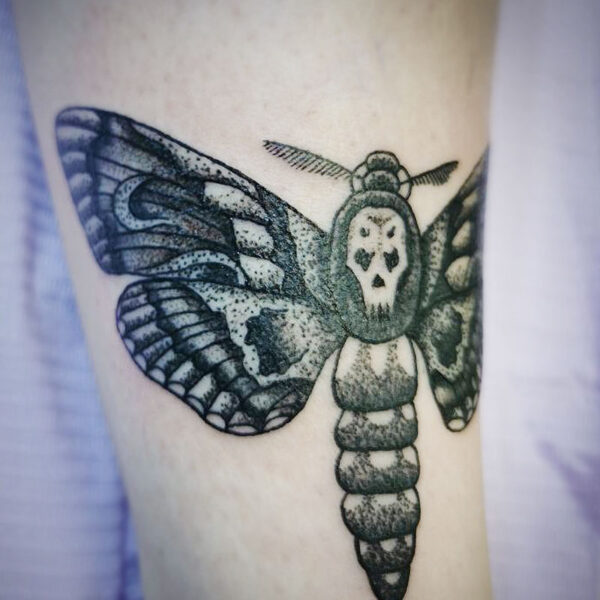 atticus tattoo, black and grey tattoo of a moth with a skull on its back