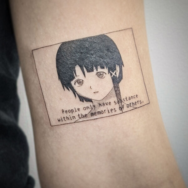 atticus tattoo, black and white anime style tattoo of Lain from Serial Experiments Lain
