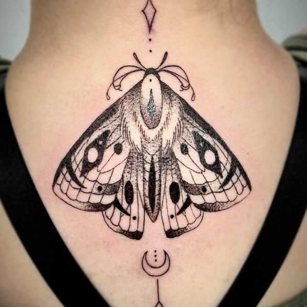 atticus tattoo, black and grey tattoo of a moth