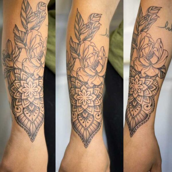 atticus tattoo, black and grey tattoo of a mandala with peonies