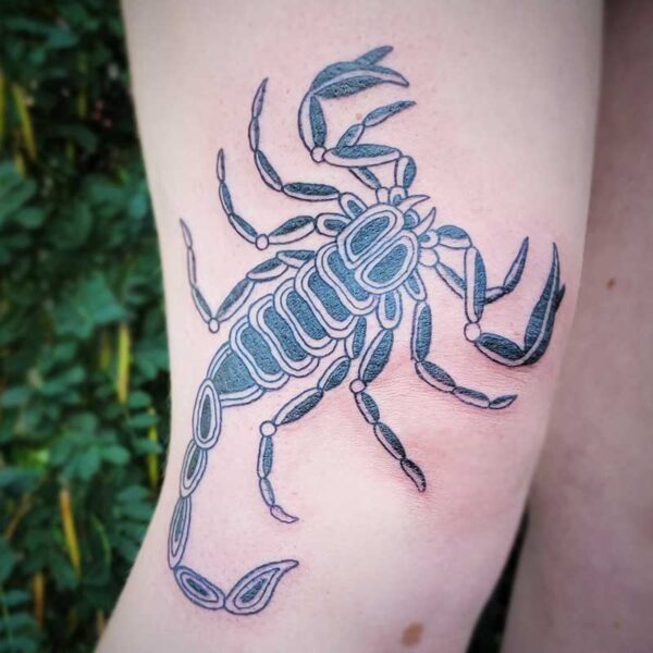 atticus tattoo, black and grey American traditional tattoo of a scorpion