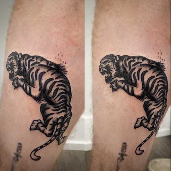 atticus tattoo, black and grey traditional tattoo of a tiger