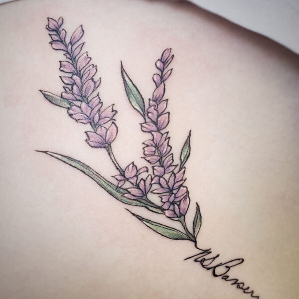 atticus tattoo, coloured tattoo of lavender