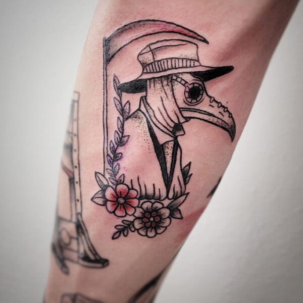 atticus tattoo, black and grey American traditional tattoo of a plague doctor