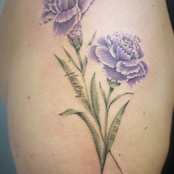 atticus tattoo, tattoo of two purple carnations
