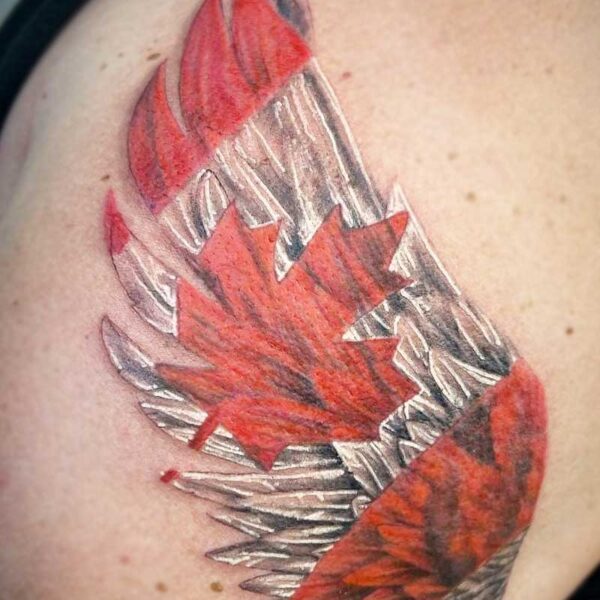 atticus tattoo, red, white and black tattoo of a bird wing with the Canadian flag in it