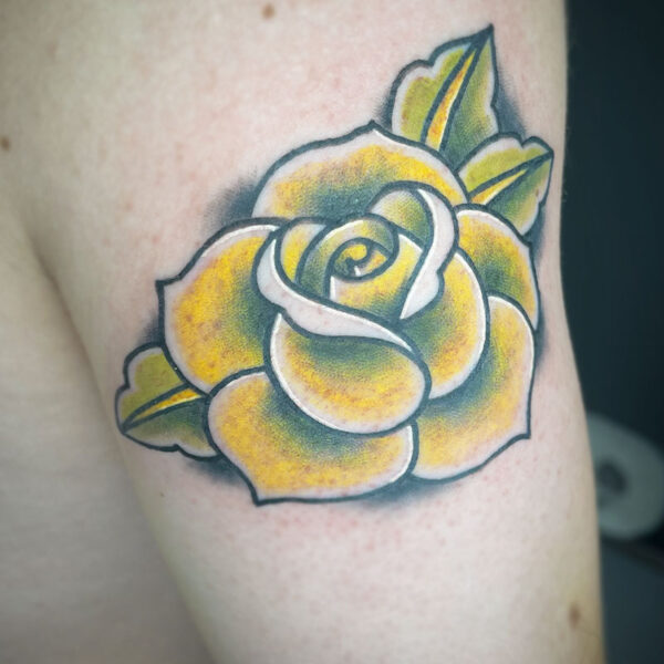 atticus tattoo, neotraditional tattoo of a yellow rose