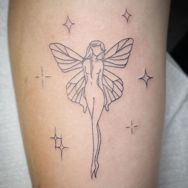 atticus tattoo, fine line tattoo of a fairy with sparkles