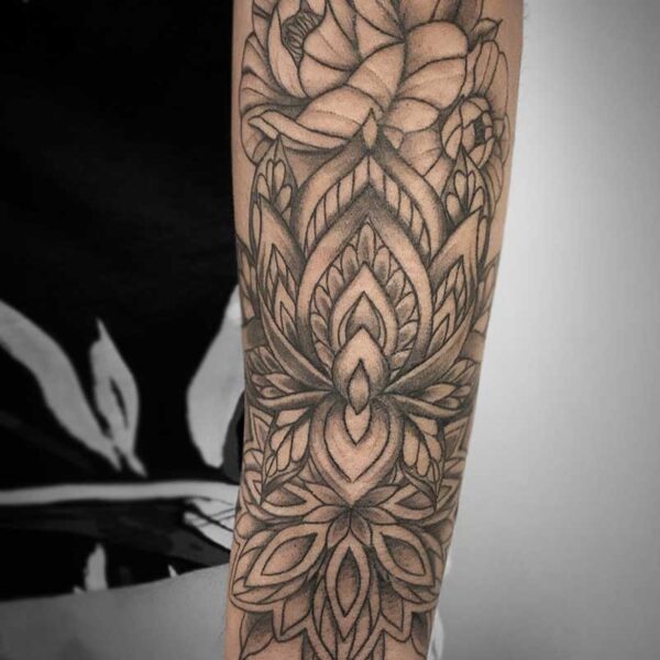 atticus tattoo, black and grey peony and mandala tattoo