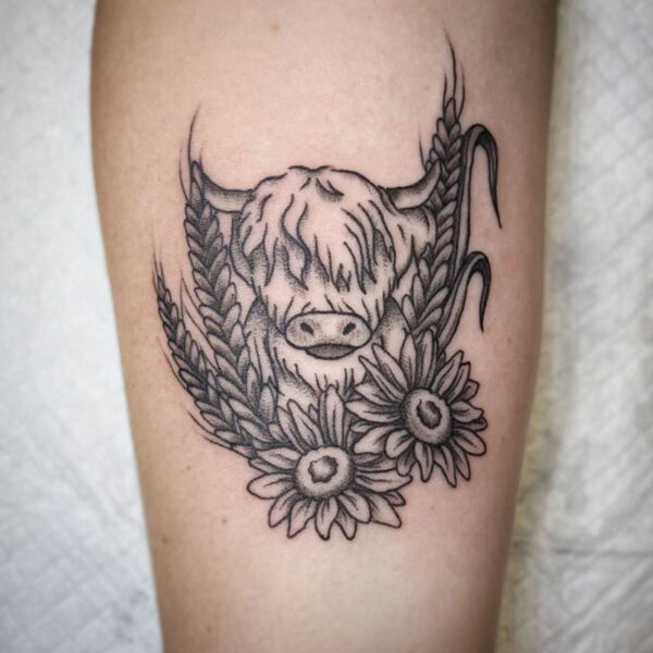 atticus tattoo, black and grey tattoo of a highland cow with flowers and wheat stalks