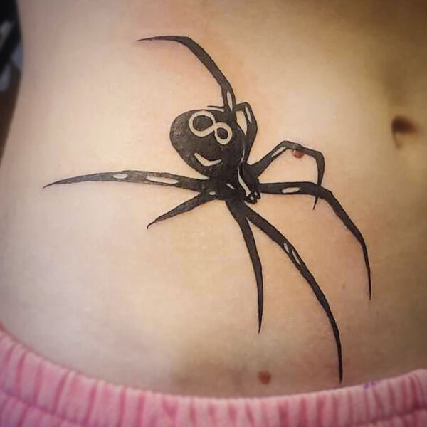 atticus tattoo, black tattoo of a spider with an infinity symbol on its back