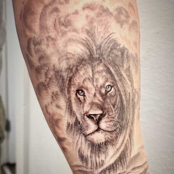 atticus tattoo, realism tattoo of a lion with clouds