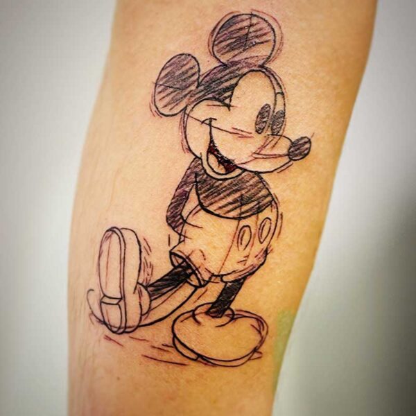 atticus tattoo, black line tattoo of a "rough" sketch of Mickey Mouse