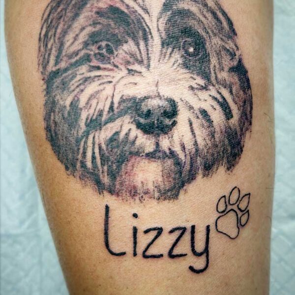 atticus tattoo, portrait tattoo of a dog named Lizzy