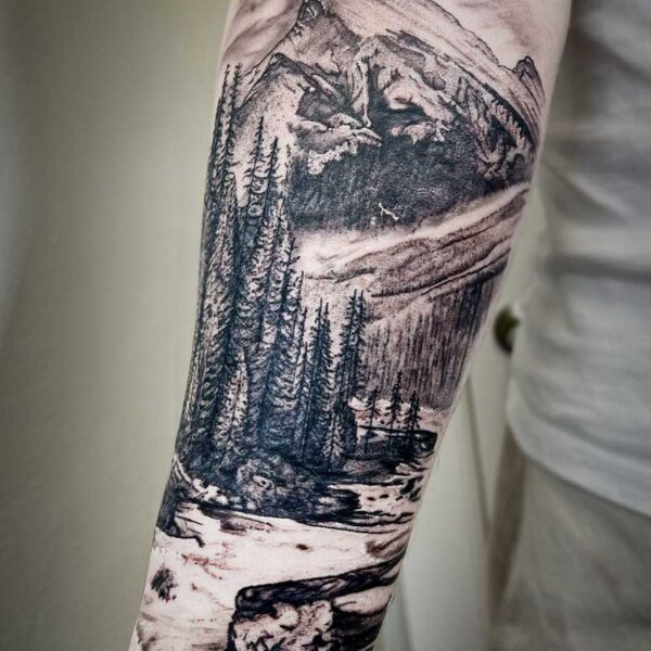 atticus tattoo, realism tattoo of a waterfall and mountain scene