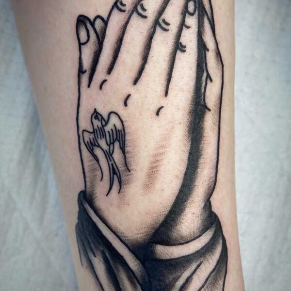 atticus tattoo, black, traditional tattoo of hands praying