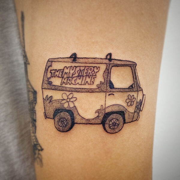 atticus tattoo, black and grey tattoo of the mystery machine from scooby-doo