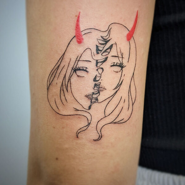atticus tattoo, fine line tattoo of a girl with red horns and her face is splitting in half