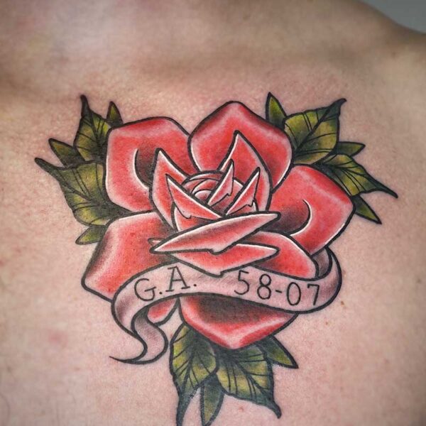 atticus tattoo, coloured neotraditional tattoo of a rose