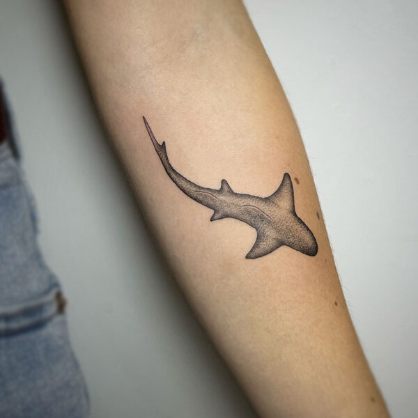 atticus tattoo, black and grey tattoo of a shark