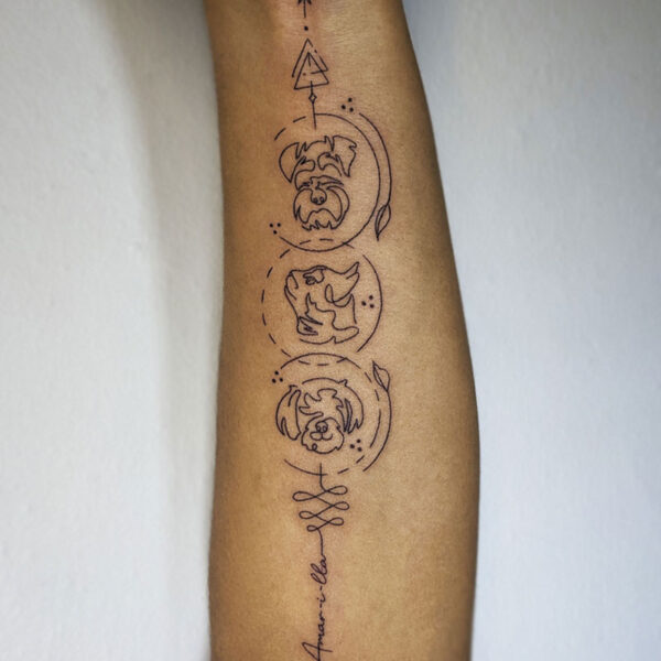 atticus tattoo, fine line tattoo of three dogs with infinity symbols around them