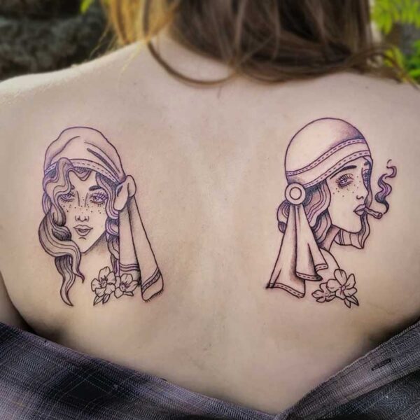atticus tattoo, black and grey American traditional tattoo of two portraits of women with head scarves