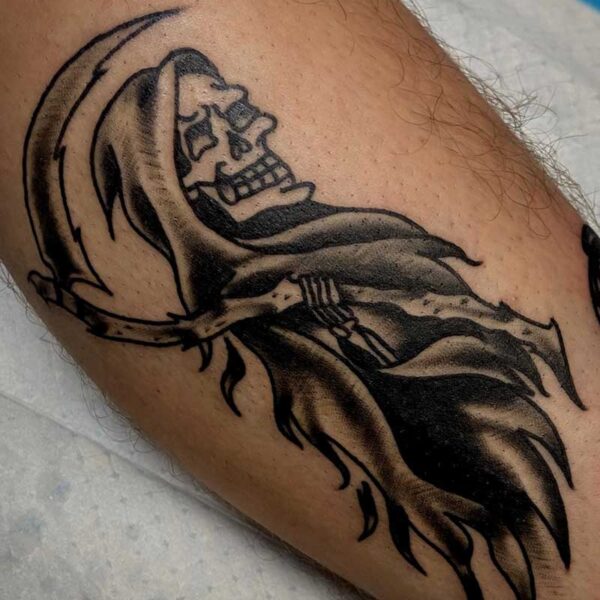 atticus tattoo, black and grey, american traditional tattoo of the grim reaper