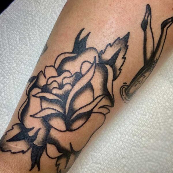 atticus tattoo, black and grey, american traditional tattoo of a rose