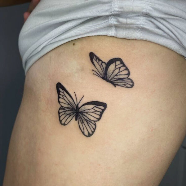 atticus tattoo, black and grey tattoo of two butterflies