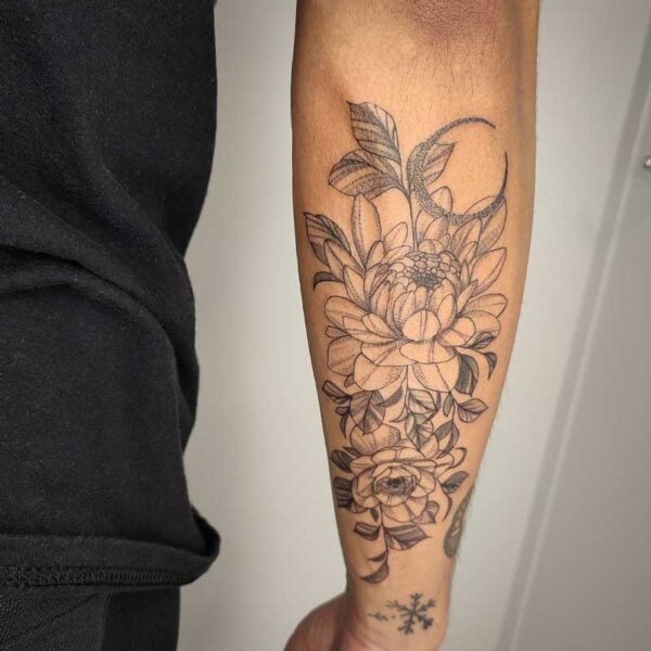 atticus tattoo, fine line tattoo of peonies and a crescent moon