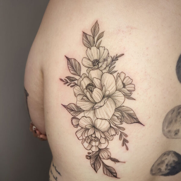 atticus tattoo, fine line tattoo of flowers and leaves
