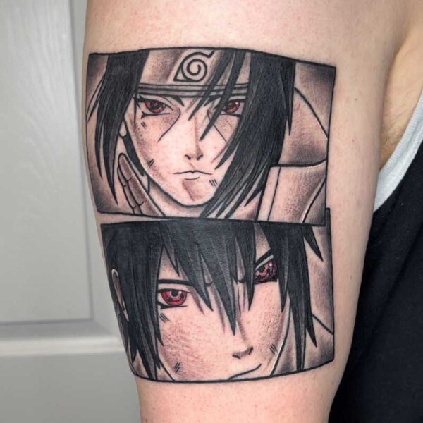 atticus tattoo, black and grey anime tattoo of Naruto characters