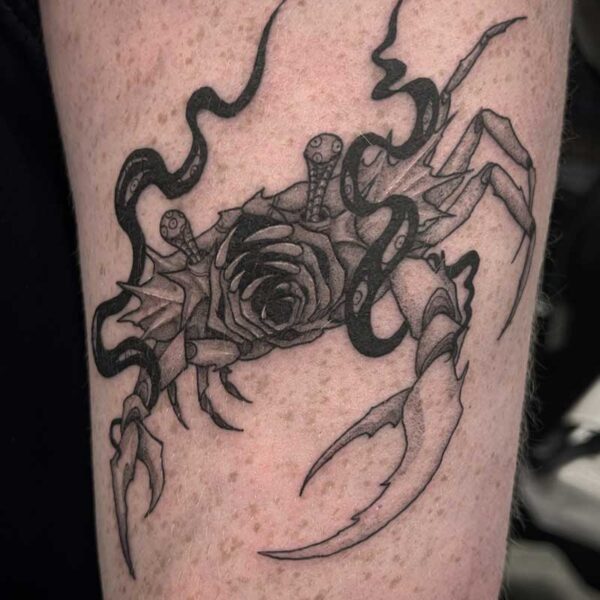 atticus tattoo, black and grey tattoo of a crab monster