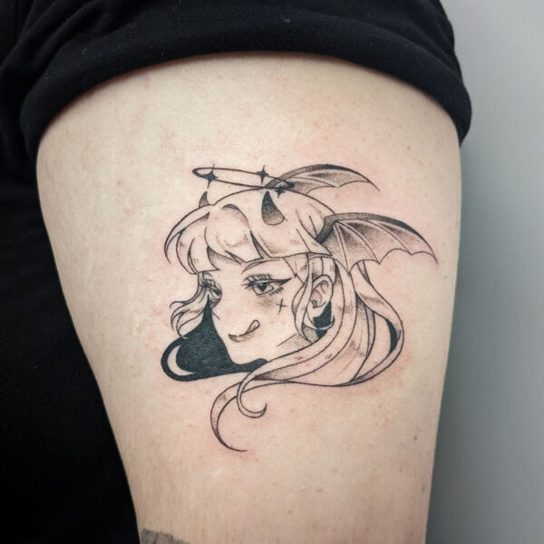 atticus tattoo, anime style tattoo of a girls face with devil wings, horns and a halo