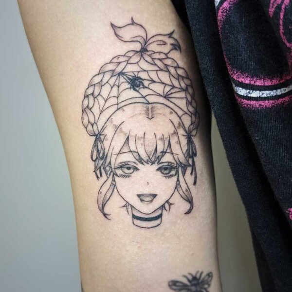 atticus tattoo, anime style tattoo of a girl with spider webs in her hair