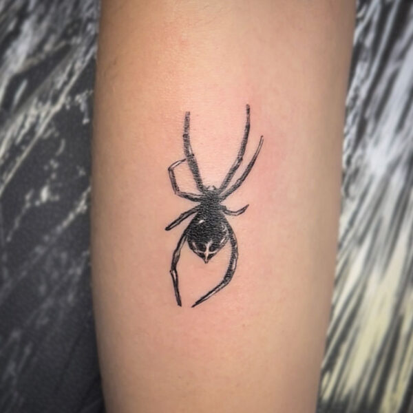 atticus tattoo, black and white tattoo of a spider