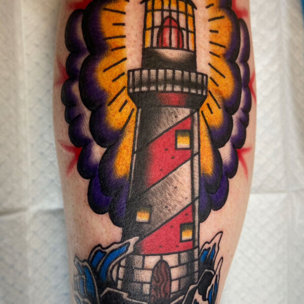 atticus tattoo, neo-traditional tattoo of a lighthouse