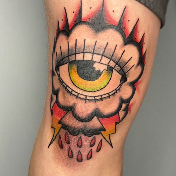 atticus tattoo, american traditional tattoo of an eye over a storm cloud