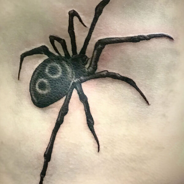 atticus tattoo, black and grey tattoo of a spider