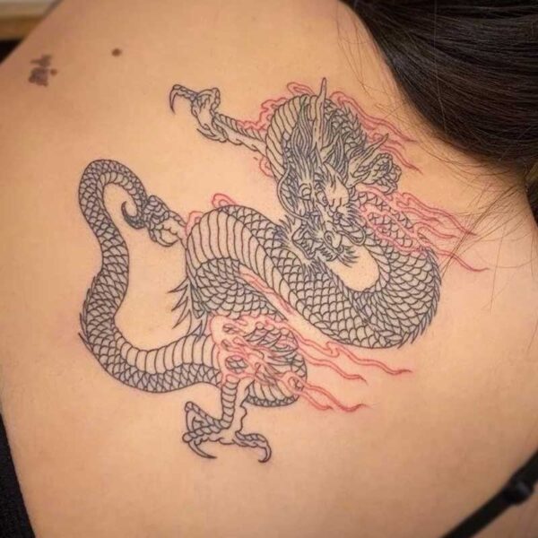 atticus tattoo, traditional asian tattoo of a black and red dragon