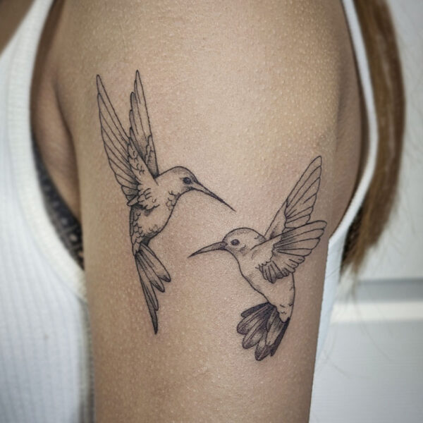 atticus tattoo, black and grey tattoo of two hummingbirds