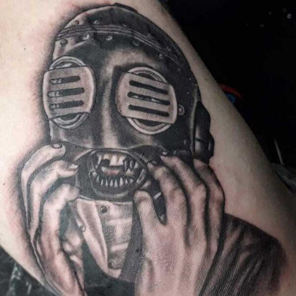 atticus tattoo, black and grey realism of a member of Slipknot